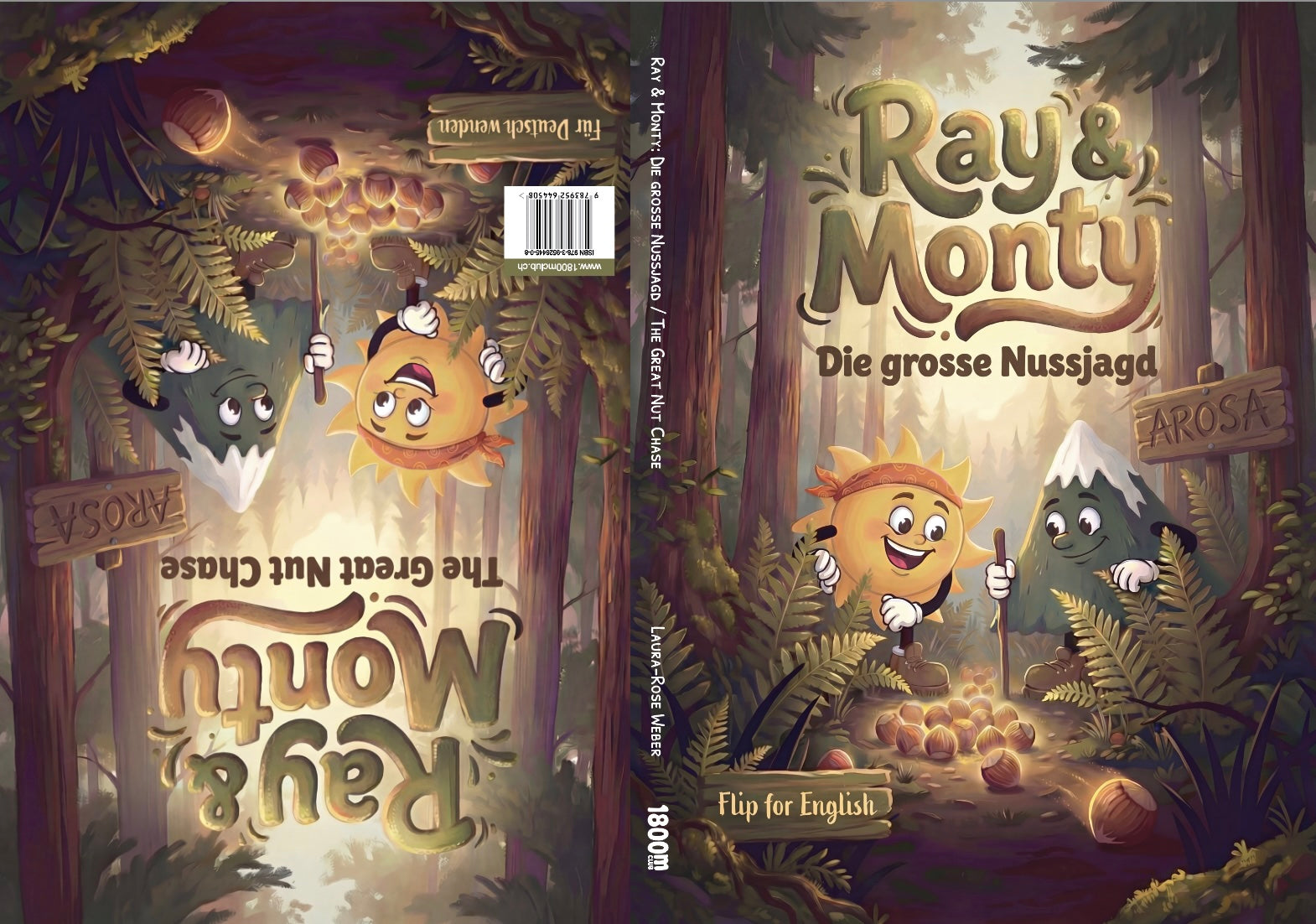 Complete book cover of the Billingual (German and English "Ray & Monty: Die grosse Nussjagd / The Great Nut Chase" children's picture book based in Arosa, Switzerland.