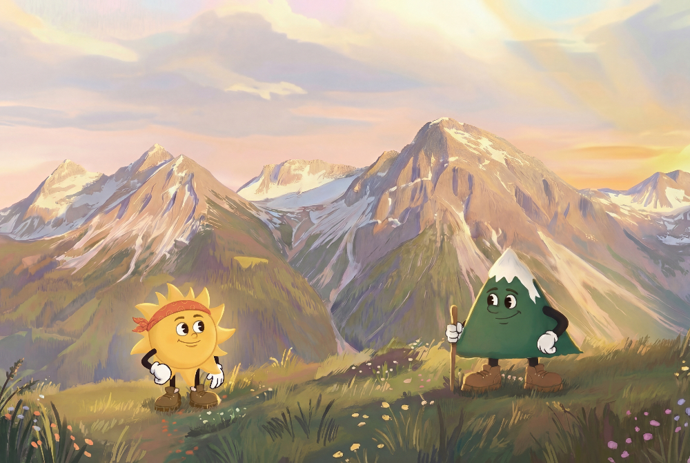 Ray and Monty standing on the grass with the Arosa Mountains in the background.